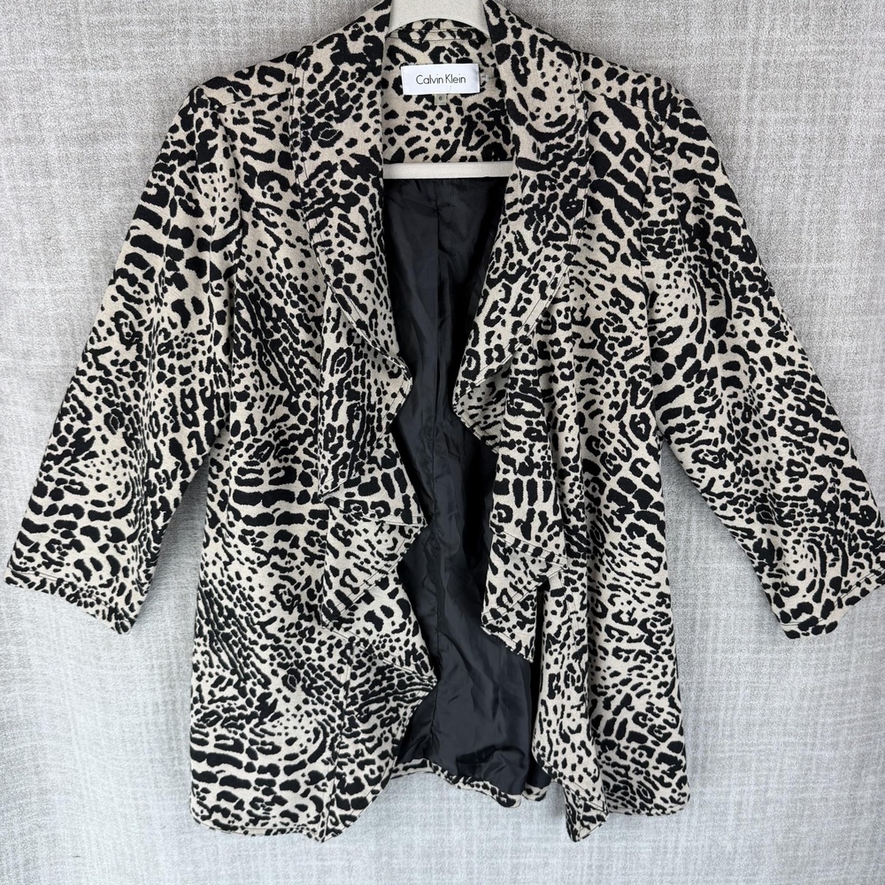 Calvin Klein Coatigan Womens 6 Beige Animal Print Mid-Length Open Lined Pockets